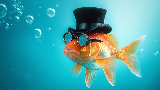 A fancy goldfish wearing a top hat and goggles swims through bubbles.
