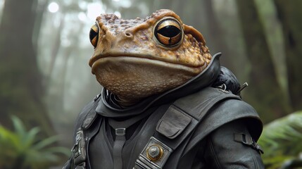 Anamorphic ai-generated toad warrior in leather, metal armor