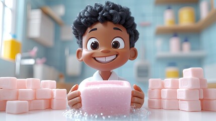 3d render hygiene icon cartoon character african doctor washes hands with big piece of pink soap hand hygiene rules reminder illustration clip art isolate3d on transparent background