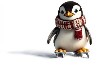 A cute penguin wearing a scarf and skates smiles at the camera.