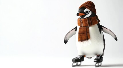 A penguin wearing a hat and scarf ice skating.