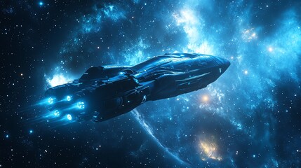 Obraz premium A futuristic spaceship flying through a starry nebula.