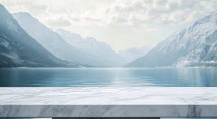 Serene mountain landscape with calm water reflecting the sky.