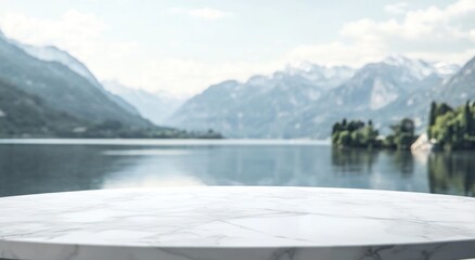 Obraz premium A serene lakeside view with a marble table in the foreground, ideal for showcasing products.