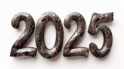 Obraz premium Volumetric inscription 2025, dark metallic colors, snake scale texture. New Year greeting card lettering. Generative AI
