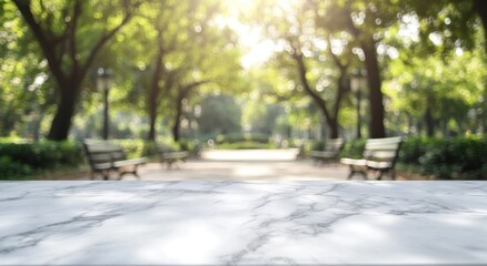 A serene park scene with a marble surface in the foreground and lush greenery in the background.