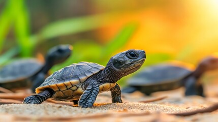 Fototapeta premium An adorable baby turtle hatches from its sandy nest on a beach.