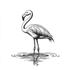 Fototapeta premium Illustration of a flamingo among foliage. Vintage sketch engravings and generative AI cartoon characters. Scratch board imitation.