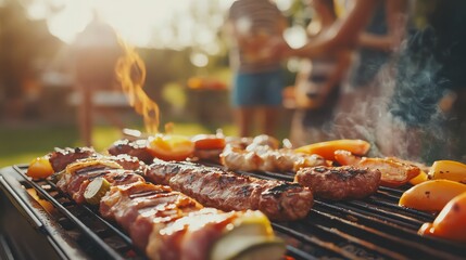 Delicious grilled meat and vegetables are cooked on a barbecue grill, while people enjoy a summer party in the background.
