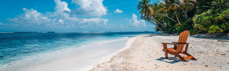 Idyllic Tropical Beach with Clear Blue Water, White Sand, and Wooden Lounger Under Palm Trees on a Sunny Day