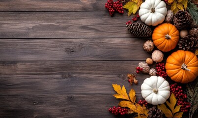 Rustic Autumn Themed Background with Pumpkins, Leaves, Berries, and Pine Cones on Dark Wood