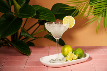 Margarita, traditional alcoholic cocktail with lime, silver tequila, ice cubes and sea salt. Pink tropical background.