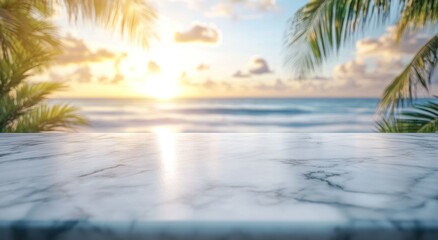 A serene coastal sunset view with a marble countertop in the foreground.