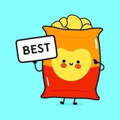 Cute Chips with poster best. Vector hand drawn cartoon kawaii character illustration icon. Isolated on blue background. Chips think concept