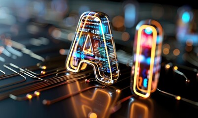 AI Text with Glass and Chromatic Refraction Material on Black Background