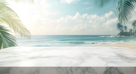 A serene beach scene with a marble surface in the foreground and ocean waves in the background.