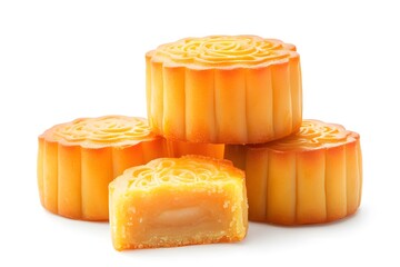 Traditional Chinese Mooncakes with Custard Filling and white background.