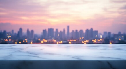 Obraz premium Blurred city skyline at sunset with a marble countertop in the foreground.