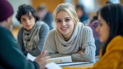 A young woman in a grey sweater smiles at the camera while sitting in a group of students.