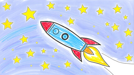 Fototapeta premium A colorful drawing of a rocket flying through a star-filled space. Generative AI