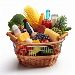 Market basket with shopping items inside, isolated on white background