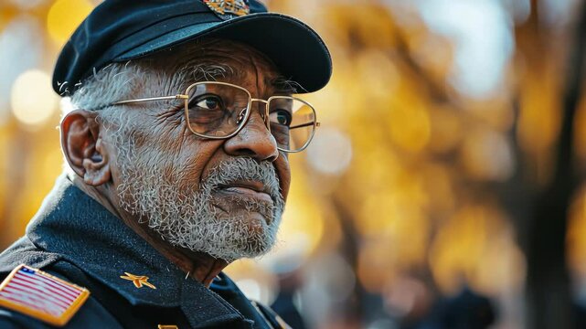 Portrait of elderly African American veteran wearing cap and glasses. Close-up of senior ex-military man with emotional expression against blurred autumn background
