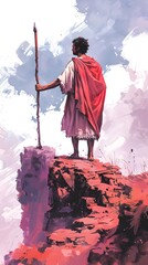 Fototapeta premium Man in Red Cloak Standing on a Cliff Edge
