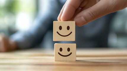 A hand placing a wooden block with a smiley face on top of another identical block. The blocks are on a wooden surface.