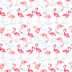 attern with pink flamingos and tropical leaves on a white background. Pink flamingo in flat style. Seamless pattern for textile, wrapping paper, background.Adobe Illustrator Artwork