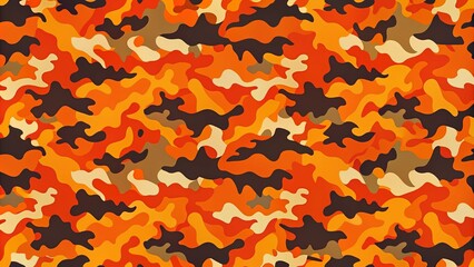 Warm orange and dark green abstract shapes merge to create a thrilling camouflage design, featuring a mix of