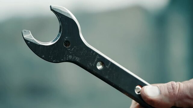 Wrench close-up. Male worker holds a tool for screwing a screw. House repair. Man hand closeup. Macro view. Home renovation. Furniture assembly tool at workshop. Equipment instrument.
