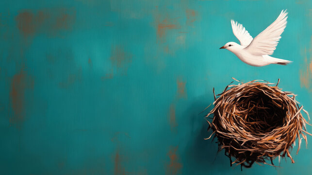 A bird flying away from an empty nest, symbolizing growth and separation, painted in muted tones, [emotional, empty nest], [freedom, loss, change] 