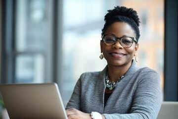 Happy mature middle aged professional business african american woman bank worker or hr manager, corporate executive looking away at work working on laptop computer in office thinking of business tech