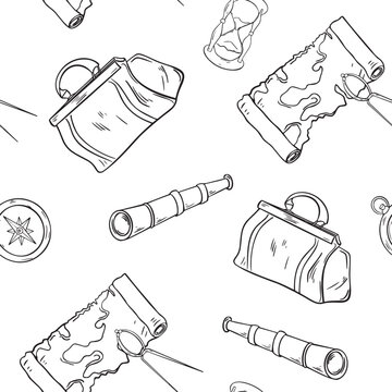 Compass, spyglass, map, carpet bag black and white vector graphic seamless pattern. Repeating background for boys adventure print. Monochrome vintage travel print in line art hand drawn
