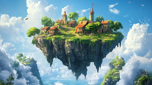 A magical floating island with a quaint village, lush greenery, and a majestic castle.