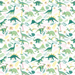 Seamless pattern with bright dinosaurs and green plants including T-rex, Brontosaurus, Triceratops, Velociraptor, Pteranodon, Allosaurus, etc. Isolated on white © olga_milagros