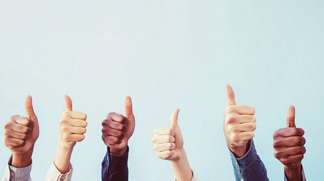 Diverse Thumbs Up Hand Symbolizing Business Diversity Against White Sky and Blue Office Walls