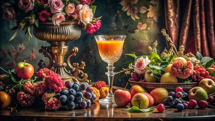 Ornate fruit cocktail with grapes, apples, and floral decorations in a vintage setting