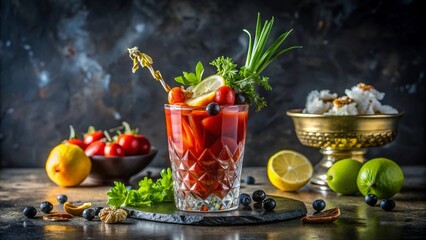 Bloody Mary cocktail with fresh garnishes, luxury drink setup with fruits and herbs