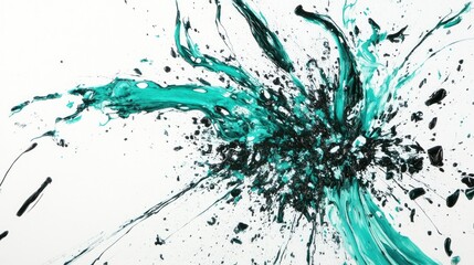 Abstract artwork featuring dynamic splashes of teal and black paint on a white background.