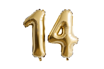 Balloon in the shape of the number 14. Gold colored balloons. On background transparent