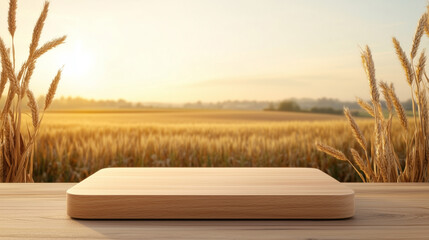 Autumn wood podium product presentation with dried corn stalks and golden field sunshine background