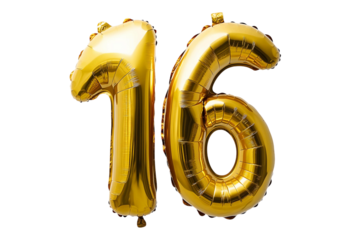 Balloon in the shape of the number 16. Gold colored balloons. On background transparent