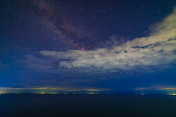 starry night sky with few clouds over large mountain lake at night