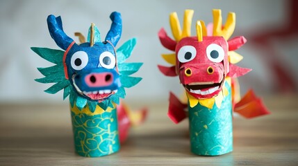 Craft two adorable dragon marionettes from recycled materials for Chinese New Year. These easy DIY toys, made from toilet paper rolls, will delight kids and inspire their creativity.