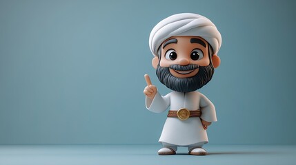 3d rendering cartoon character arab man with beard wears traditional white clothes shows index finger up business clip art isolate3d on light blue background