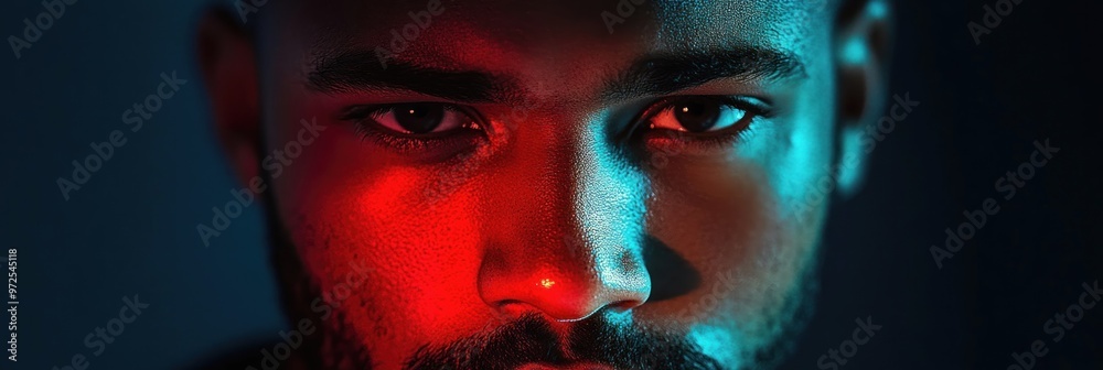 Poster A close-up portrait of a man with dramatic lighting emphasizing facial features.