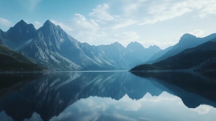 A serene mountain lake with a perfect reflection of the mountains and sky.