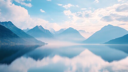 Mountains reflecting in a still lake.