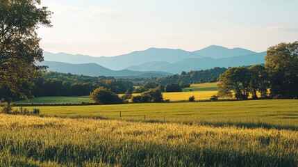 A calm countryside with fields and trees, with a picturesque view of mountains in the background, representing serenity and beauty.